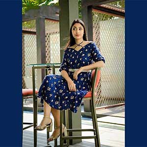 Three Quarter Sleeve Belt Floral Midi Dress